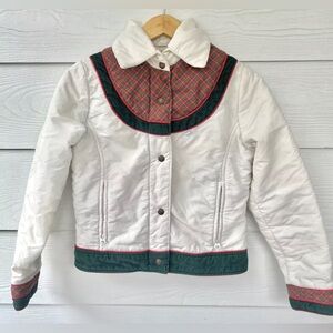 Vintage 70s Levi's white Puffer Ski Winter Snow Jacket Plaid Corduroy Women XS/S